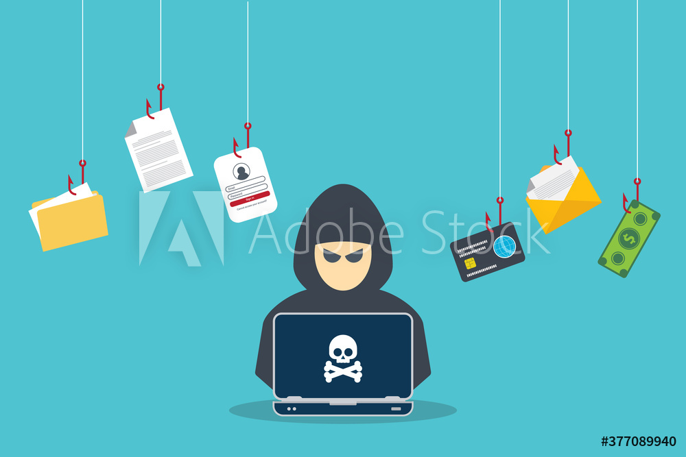 Hacker with laptop computer stealing confidential data, personal information and credit card detail. Hacking concept.