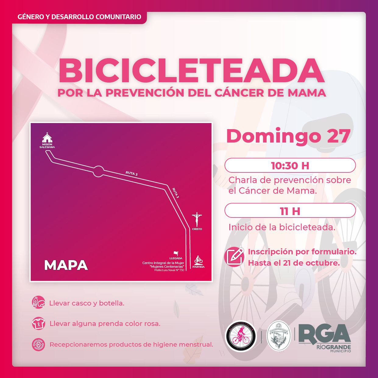 Abren inscripción a la «Bicicleteada por la prevención del Cáncer de Mama»