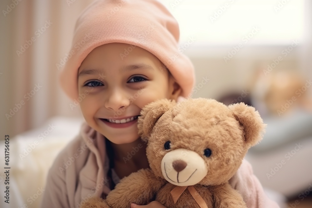 healthcare child and cancer patient portrait holding teddy bear